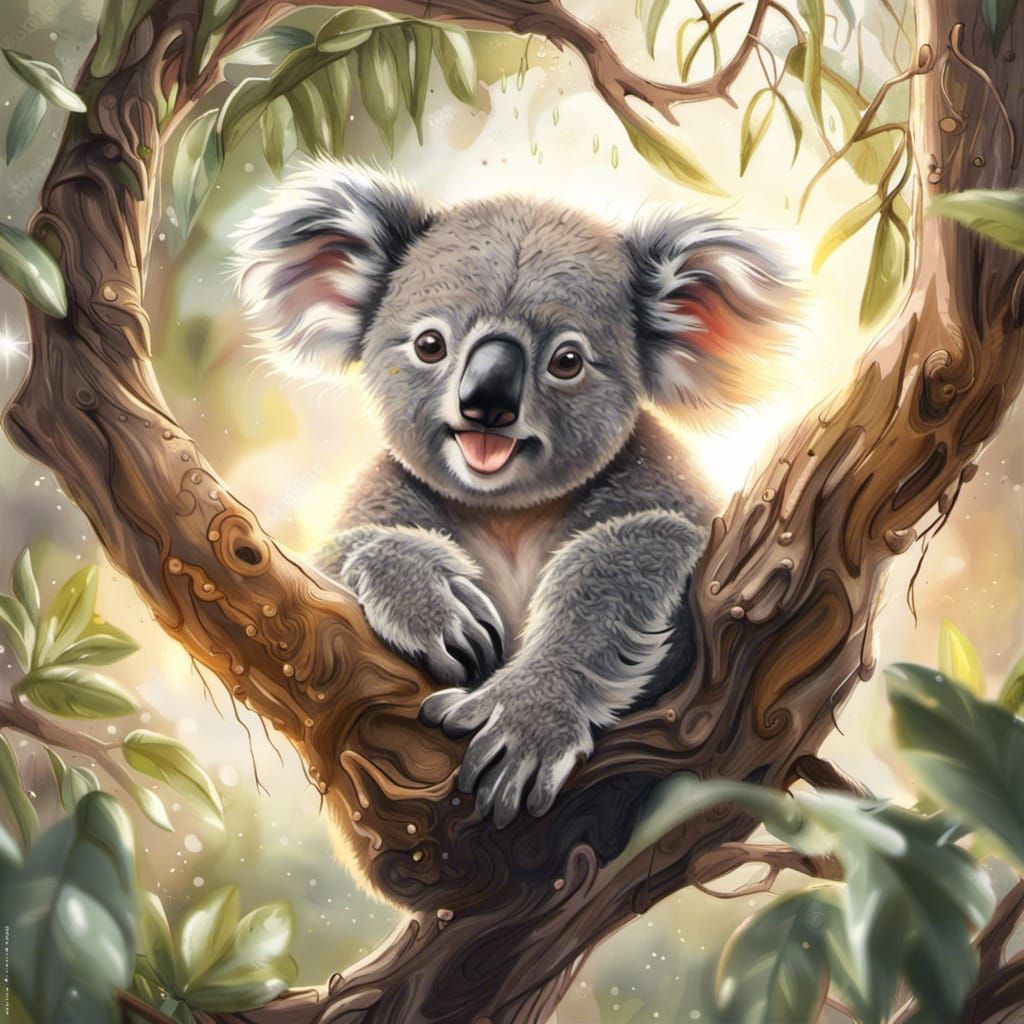 Happy Koala in Tree: Detailed Oil Painting