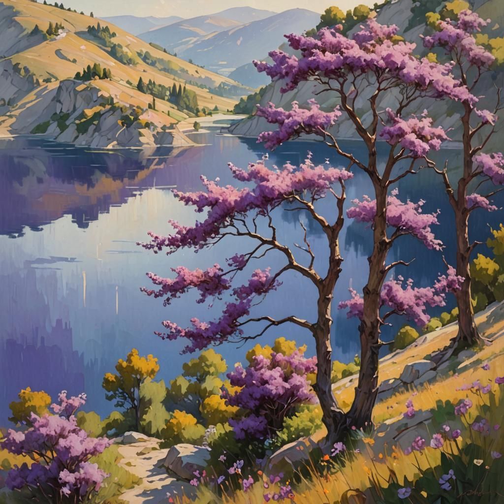 Idyllic Lakeside Scene in Dreamlike Oil Painting Style