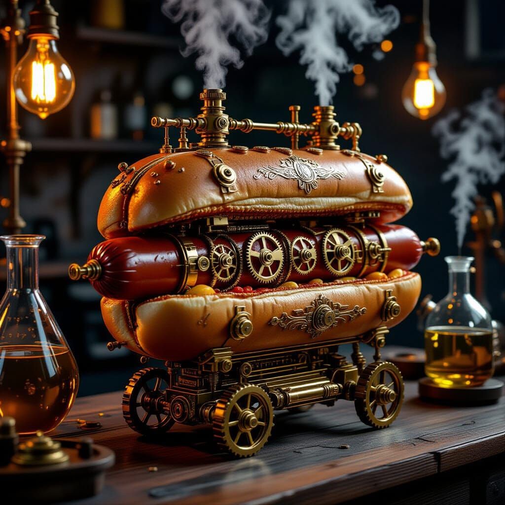 Steampunk Hotdog Automaton in Victorian Laboratory