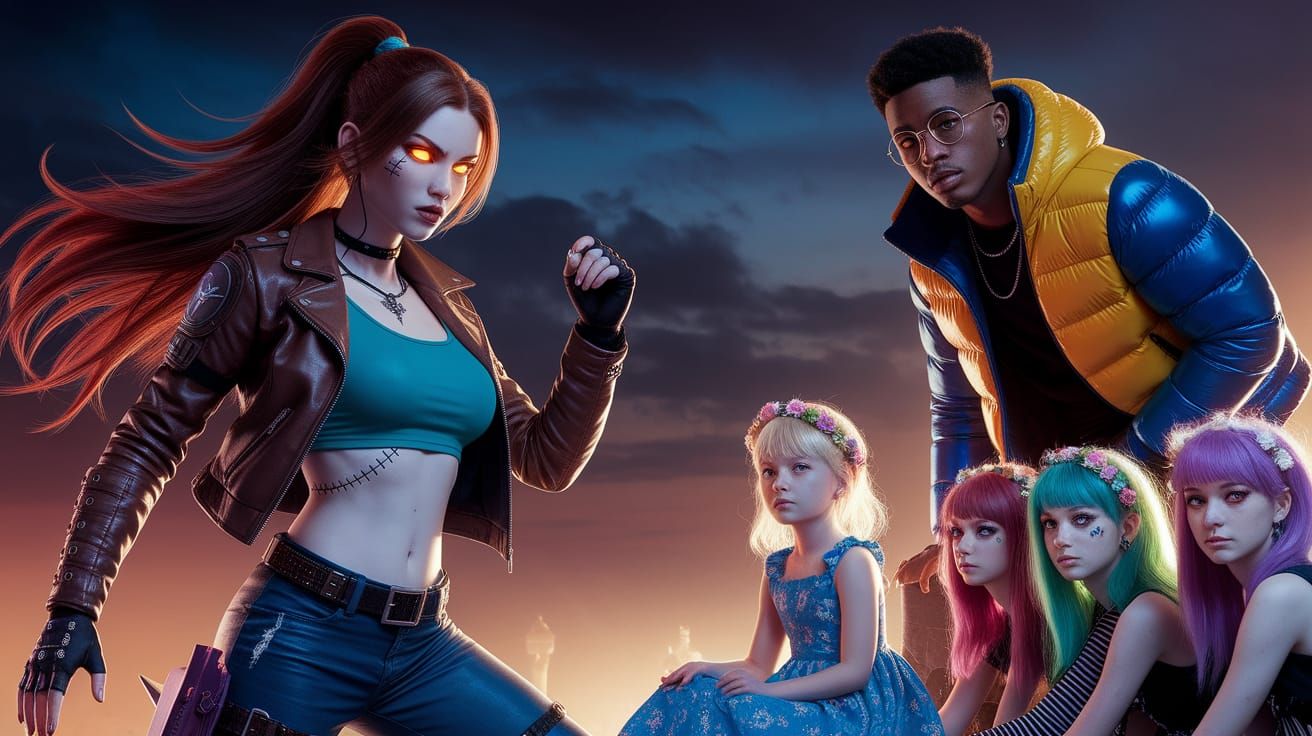 Mystical Warriors and Friends in a Dreamy Nighttime Scene