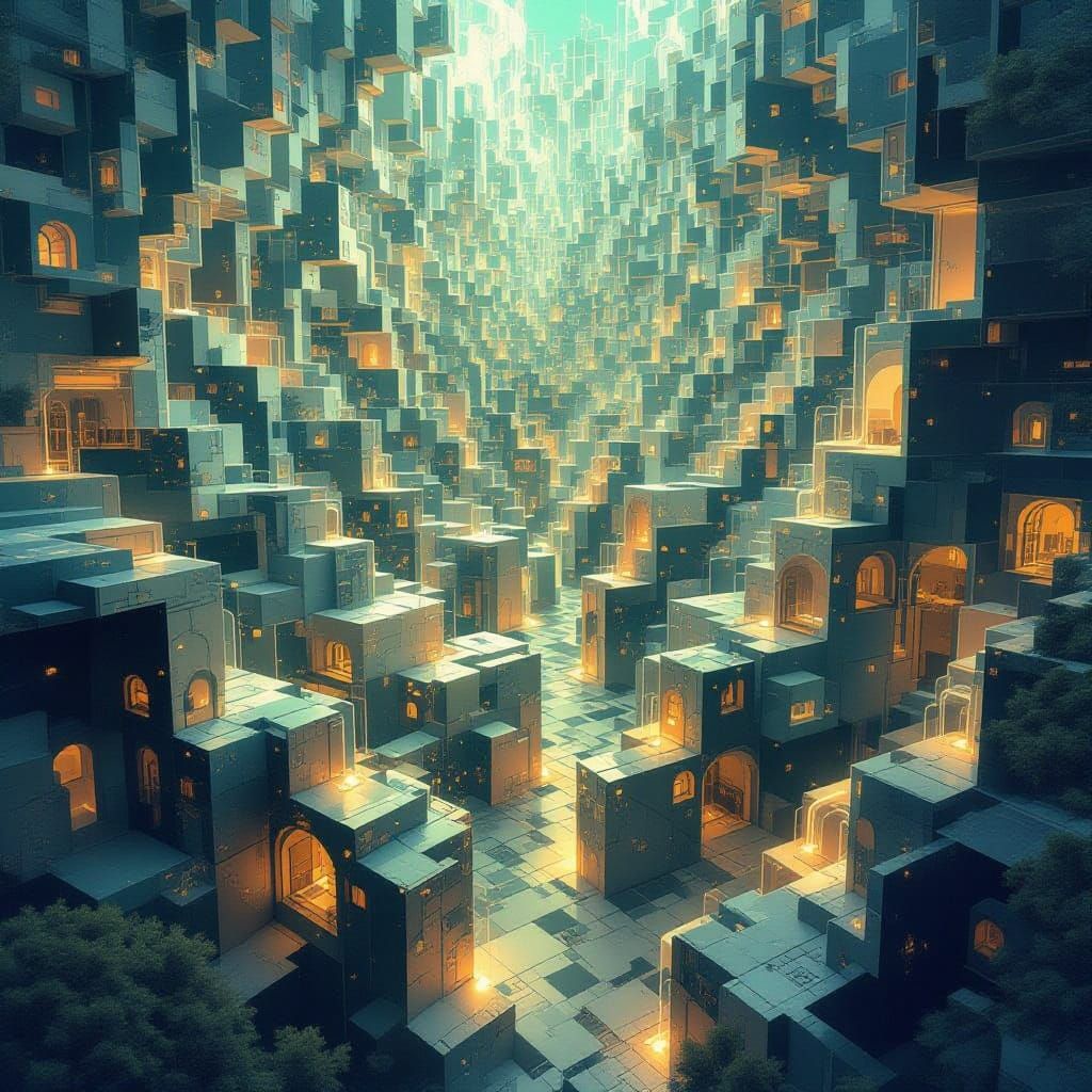 Escher-esque Thought Labyrinth in Digital Matte Style