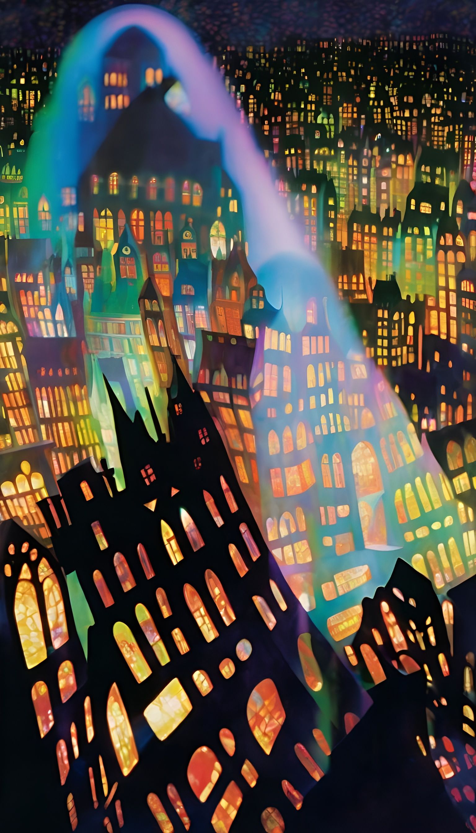Holographic Nosferatu Cityscape in Klimt Style