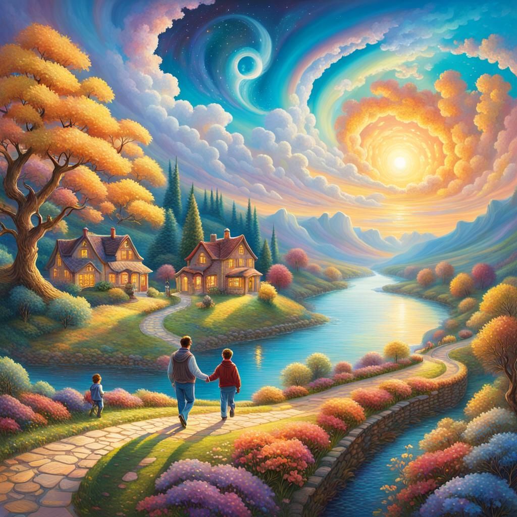 Whimsical Father and Son Storybook Illustration