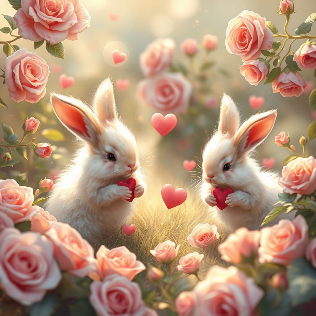 Fluffy Valentine's bunnies with roses