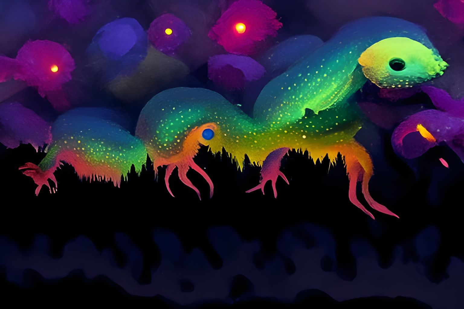 Neon Creatures Under Aurora Borealis in Pixel Art