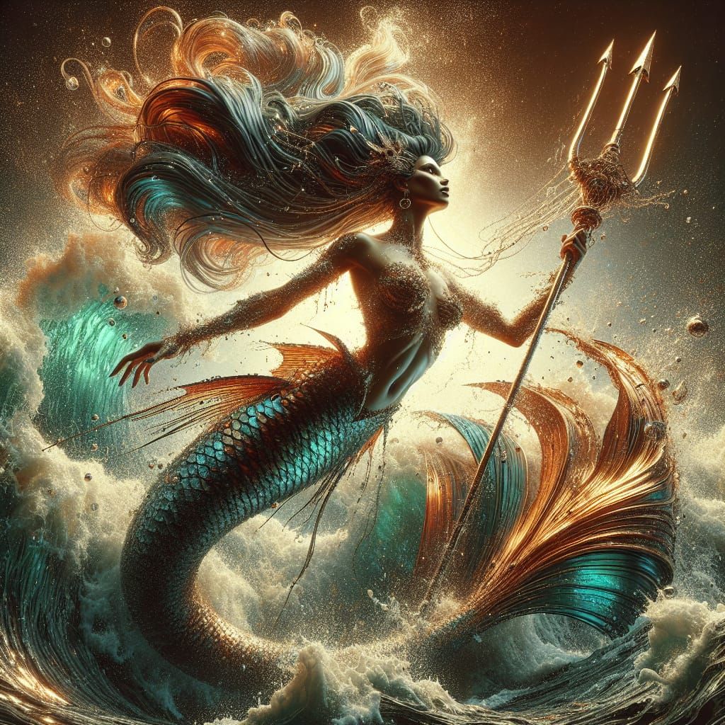 Alluring Mermaid Ascends with Trident in Volumetric Lighting