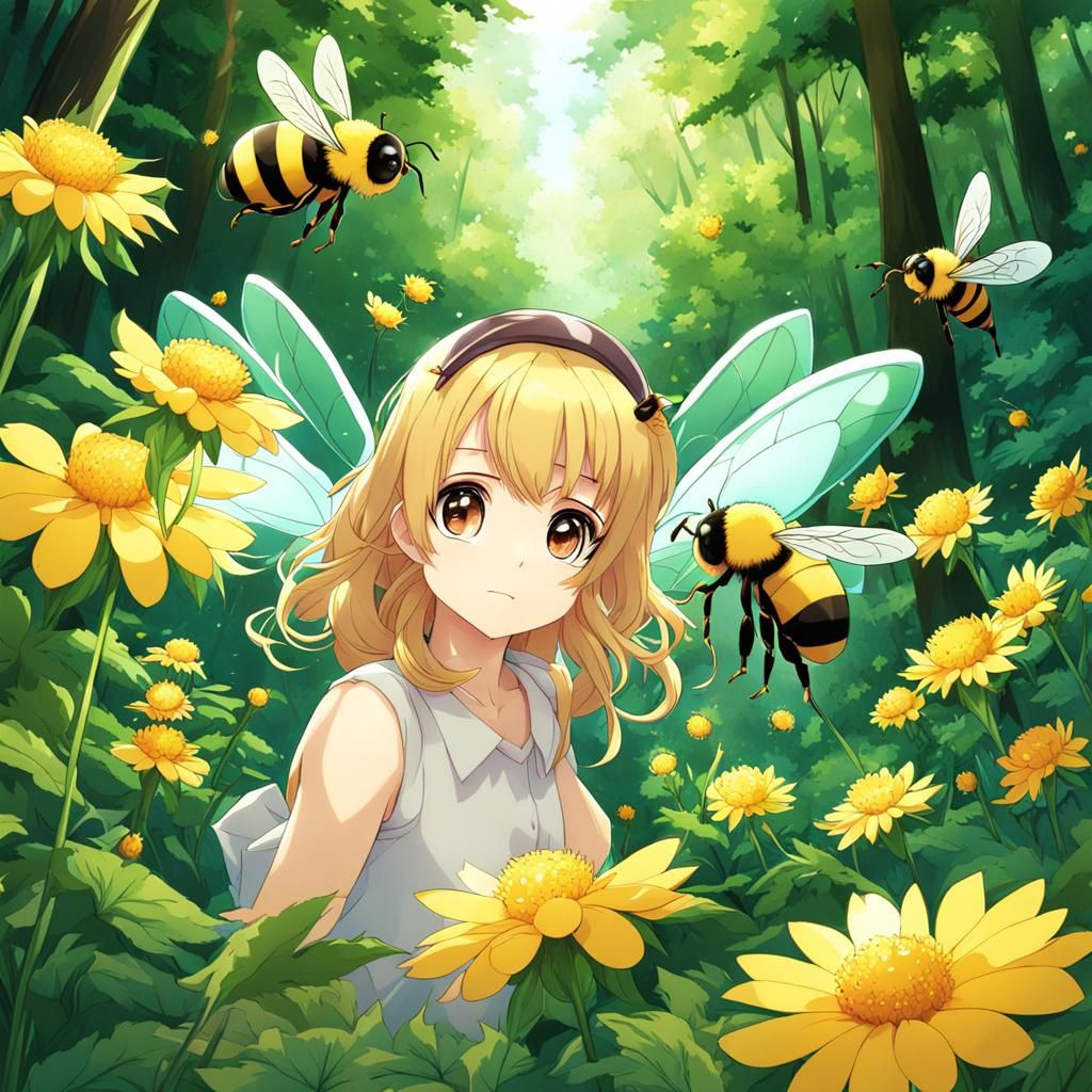 Bees Nectar Collection in Anime Style