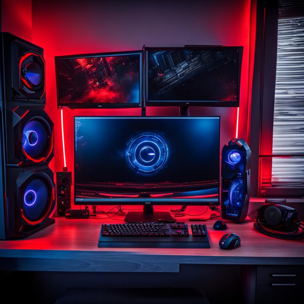 Hyperrealistic Gaming PC Setup with Beat Waves