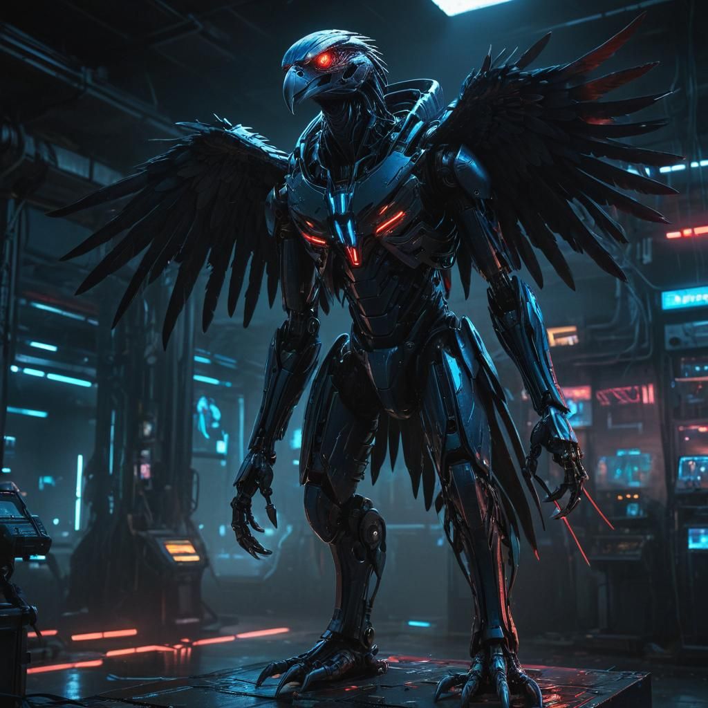 Cyberpunk Alien Eagle Cyborg in Neon Laboratory