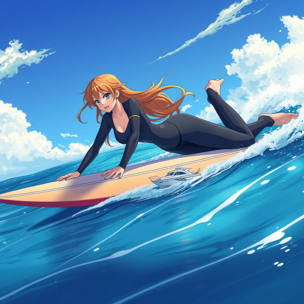 Giant Surfer in Anime Style on the Ocean