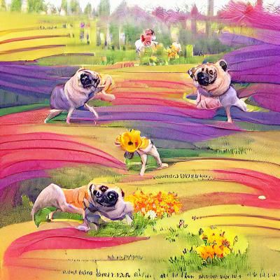 Pugs Dancing in a Colorful Flower Field