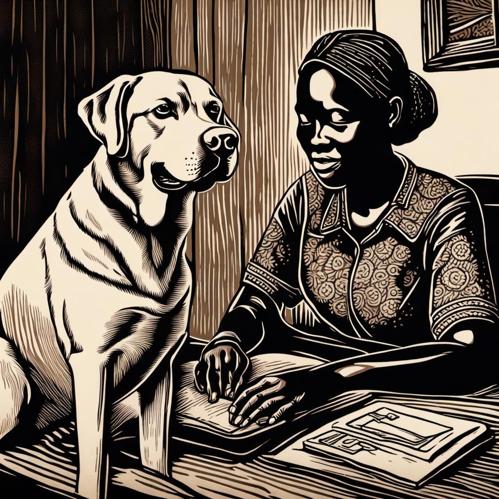 Woodcut Print of Ugandan Woman and Dog