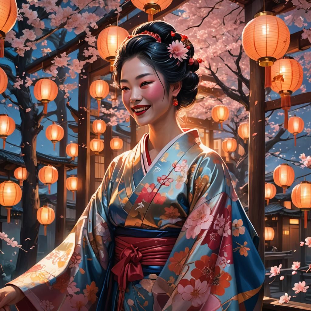 Geisha at Vibrant Party: Fantasy Matte Painting