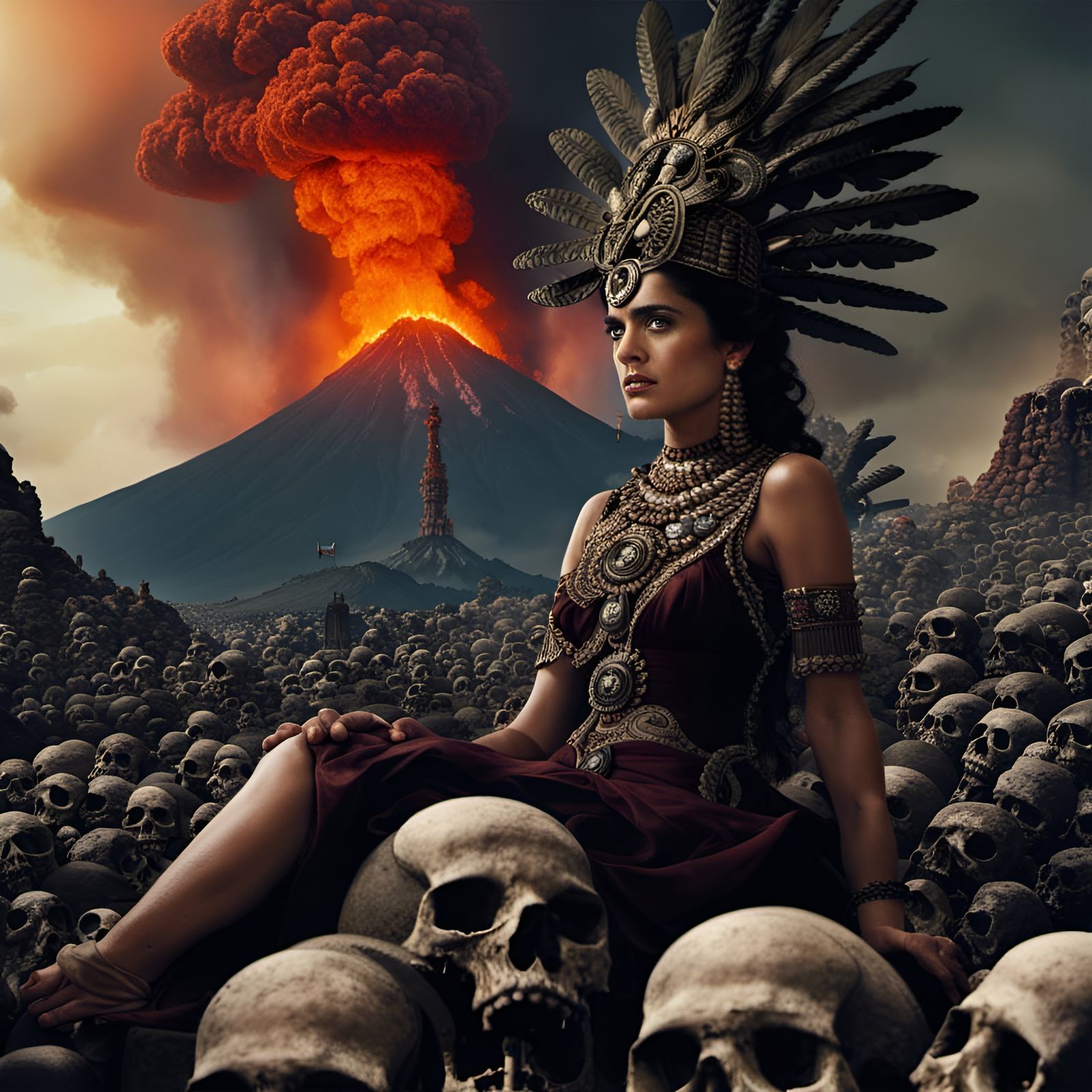 Young Salma Hayek as aDead Aztec Princess laying in a sea of human skulls Mexico volcano popocatepetl erupting in the ba...