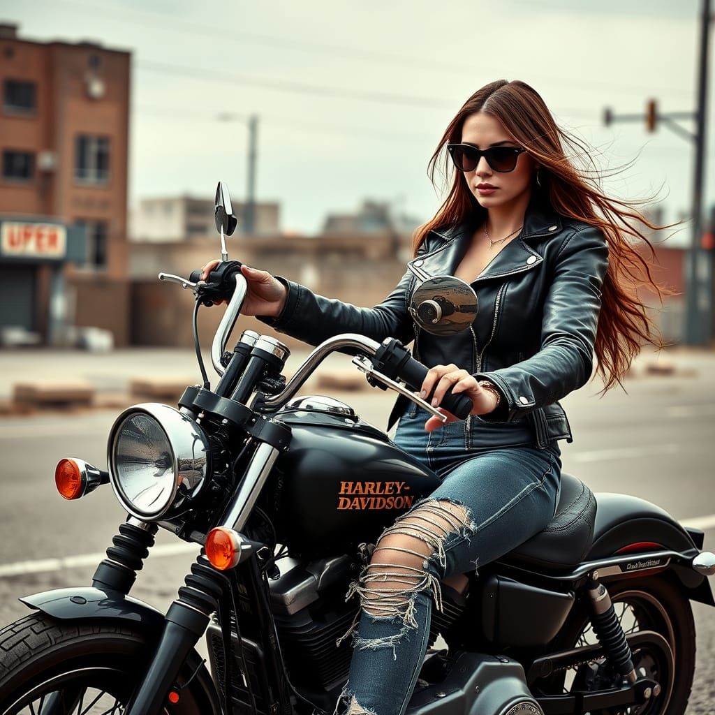 Tough Biker Girl on Harley in Gritty Cityscape