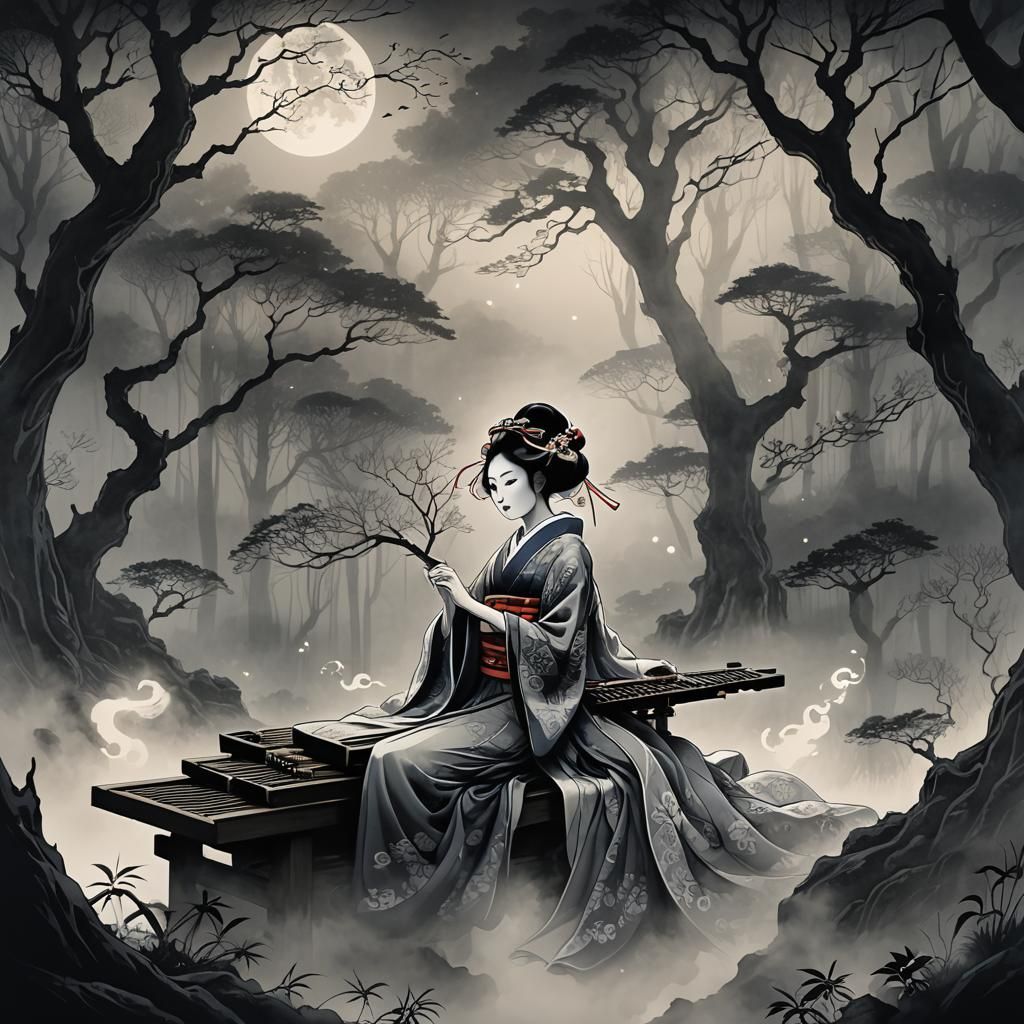 Dark Fantasy Geisha in Ethereal, Mystical Forest