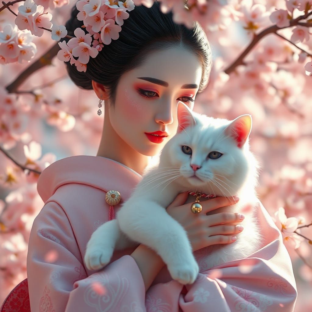 Geisha with White Cat in Sakura Garden