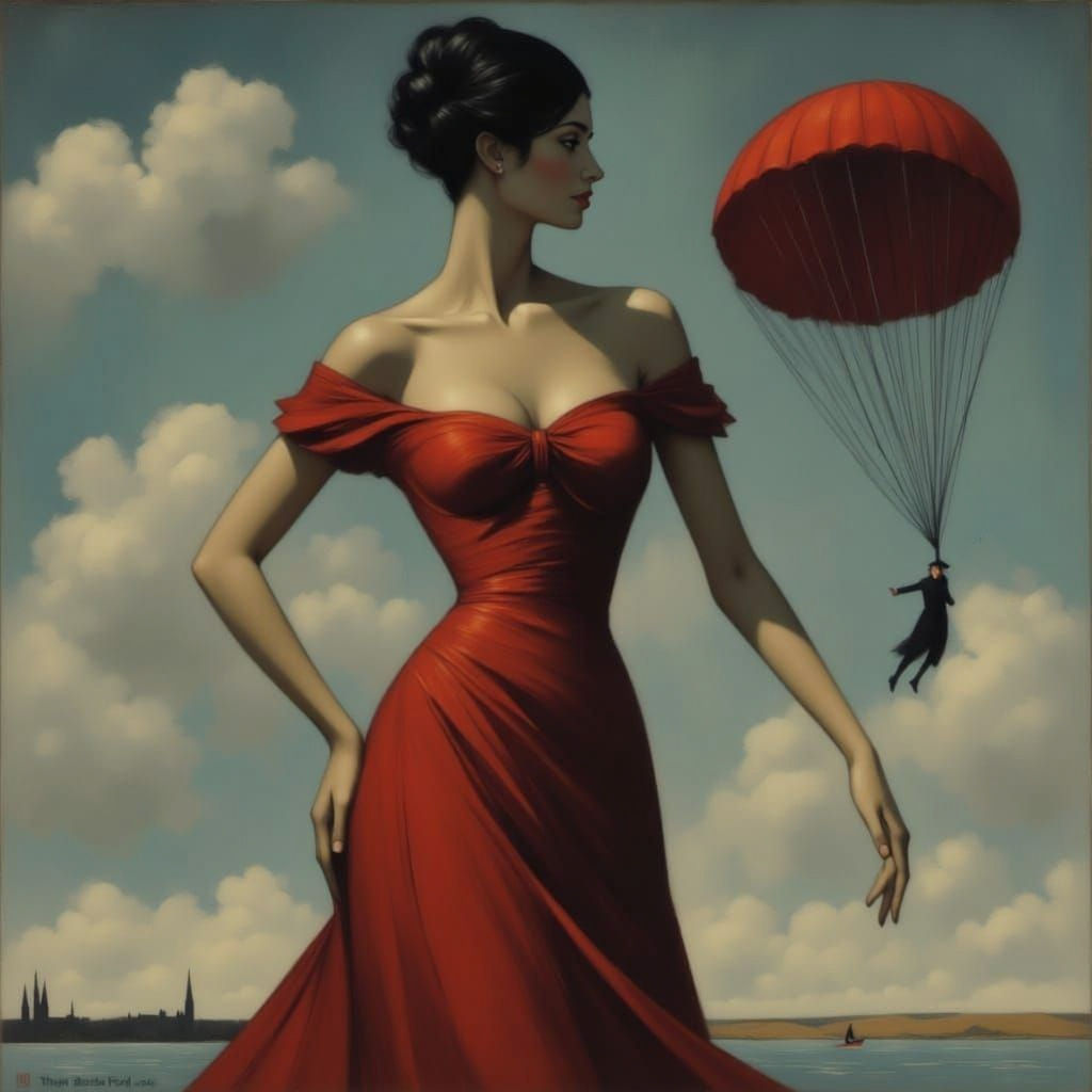 Elegant Woman in Evening Dress with Parachute