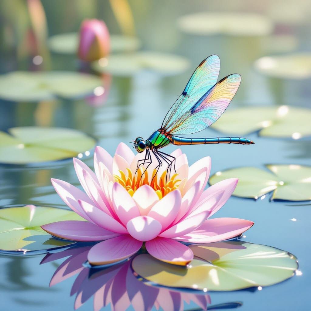 Iridescent Dragonfly on Water Lily in Watercolor