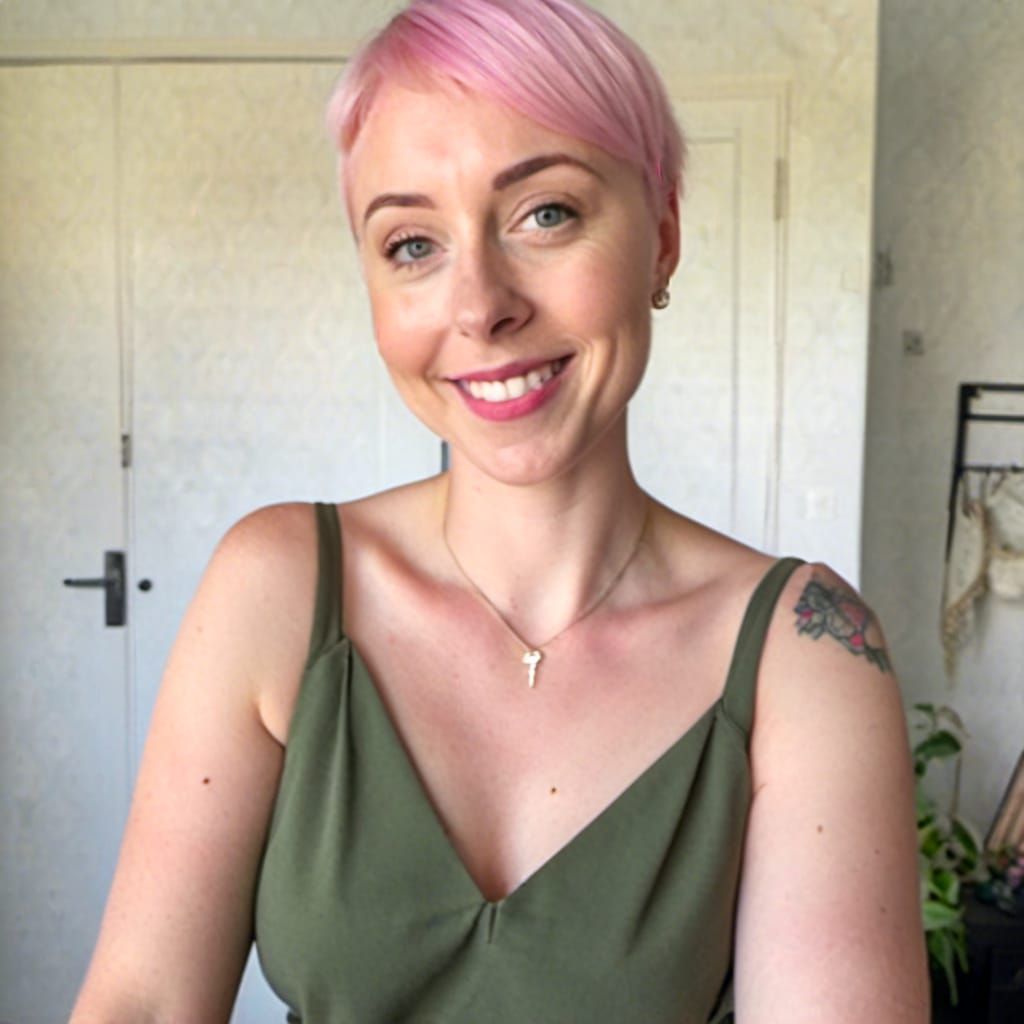 Trans Woman with Pink Hair and Figure-Hugging Dress