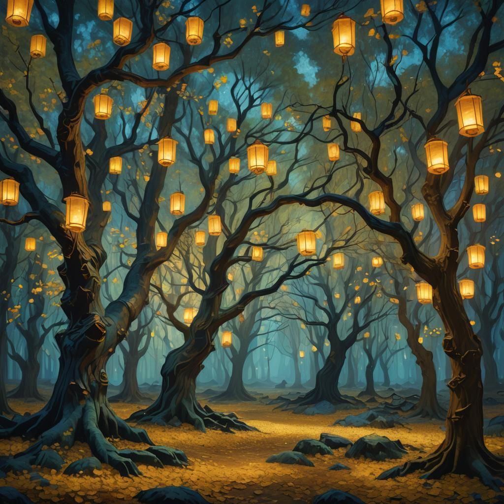 Mystical Forest with Lanterns in Van Gogh Style