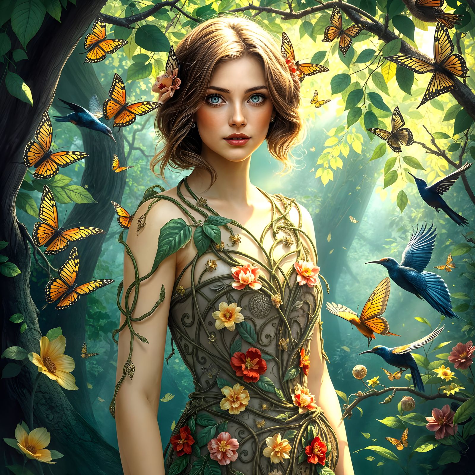 Woman in Floral Gown, Art Nouveau Style