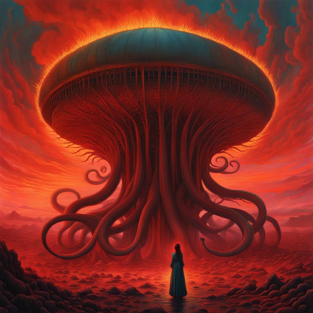 Surreal Battle Under Burning Sky, Dark Art Style