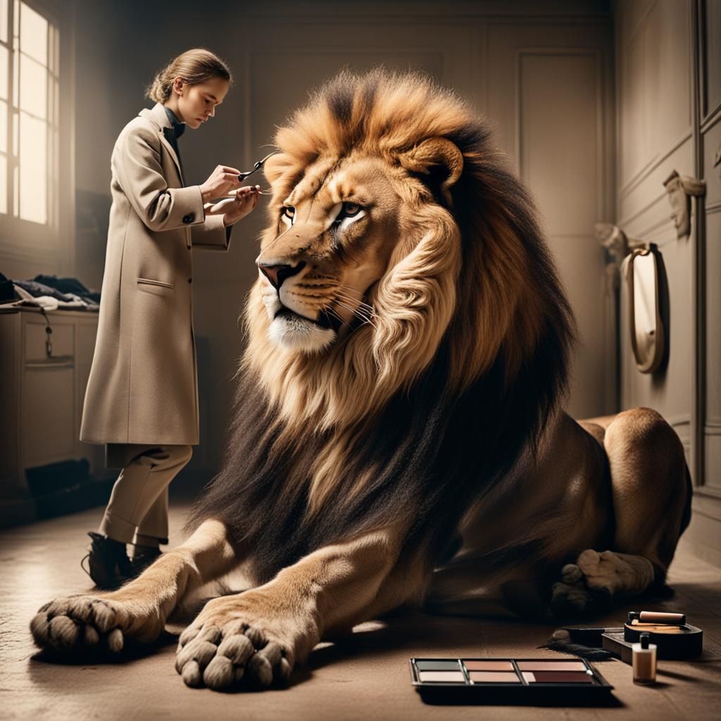 Lion Glamour: Hyperrealistic Portrait in Dressing Room