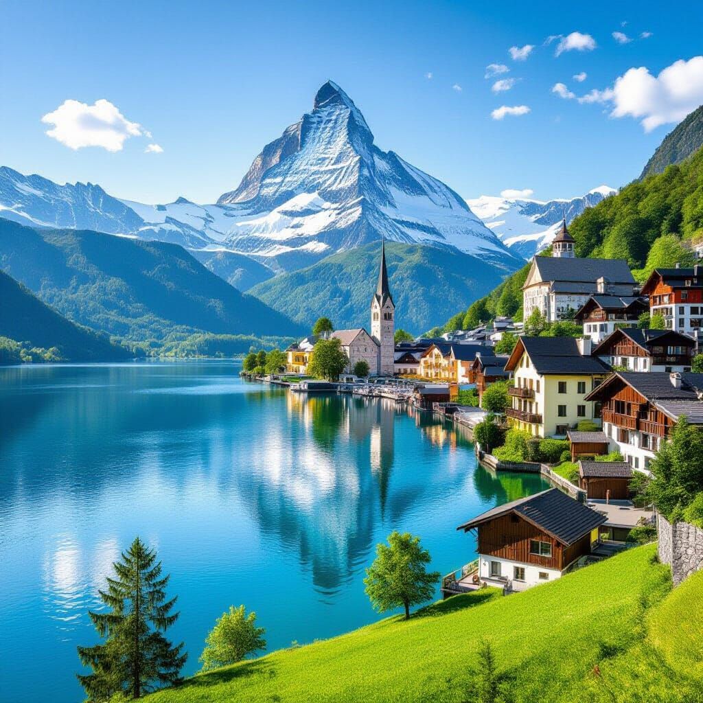 Vibrant Swiss Alps Landscape with Chalets and Lakes
