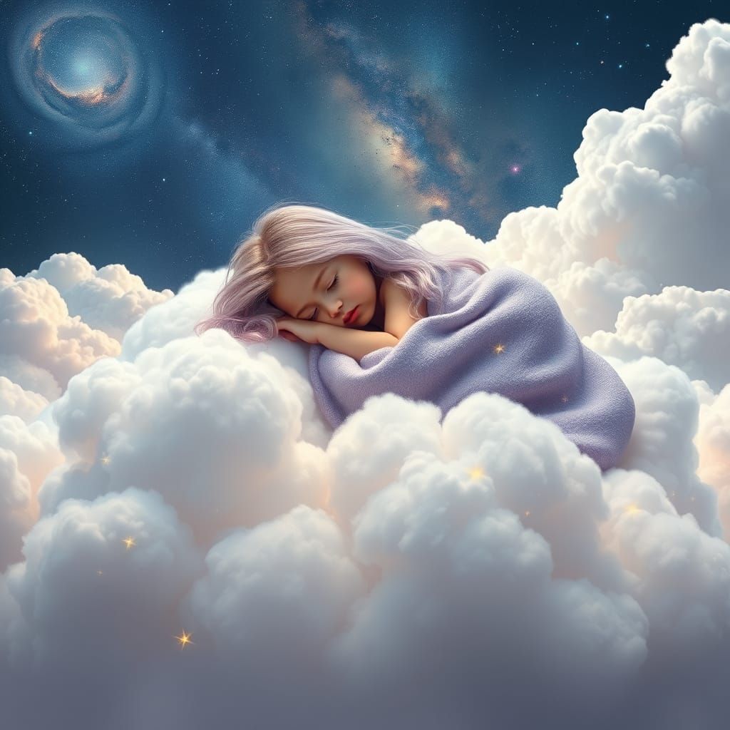 Dreamy Girl Surfs Celestial Clouds in Pastel Hues