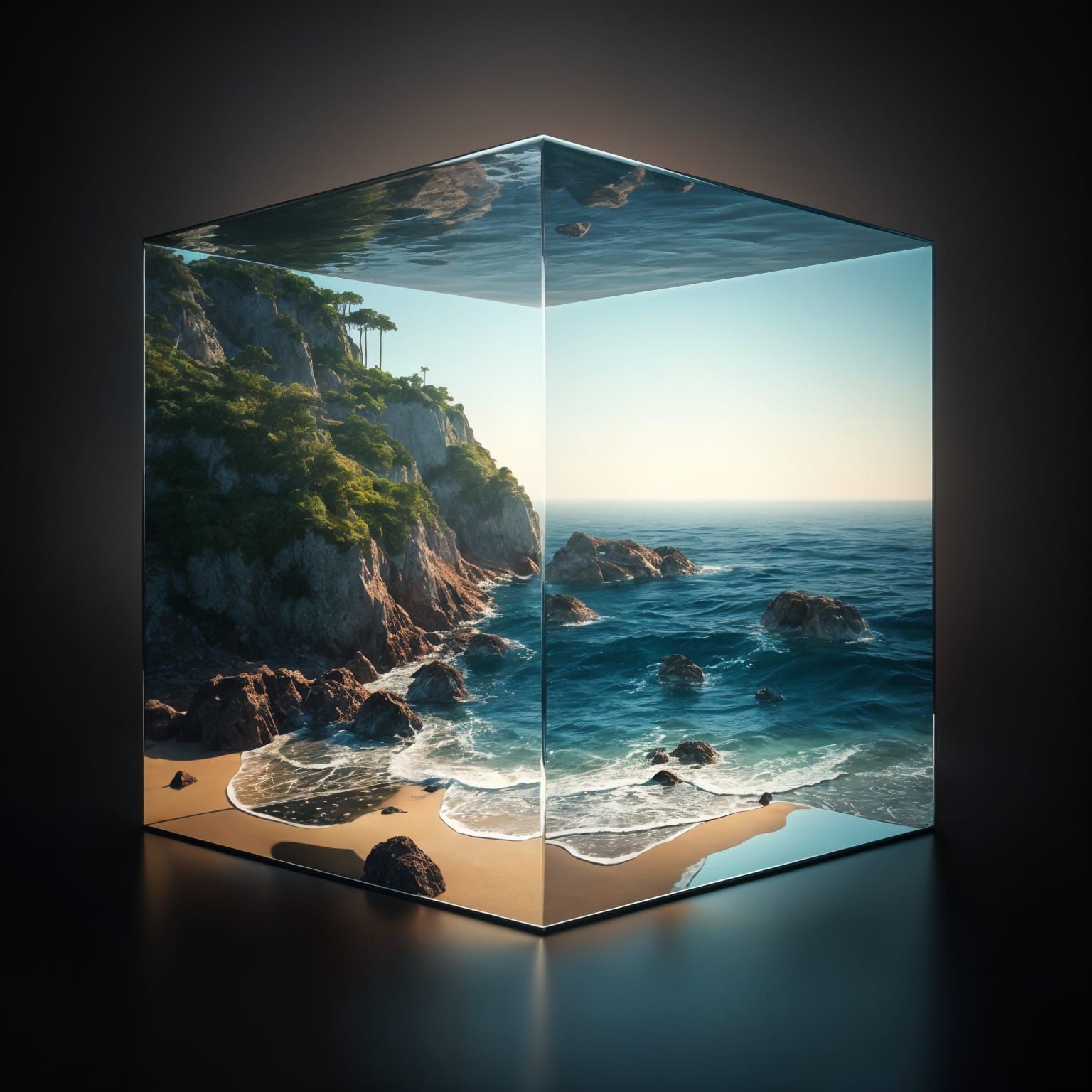 Shoreline in Glass Cube: High-Detail 3D Render