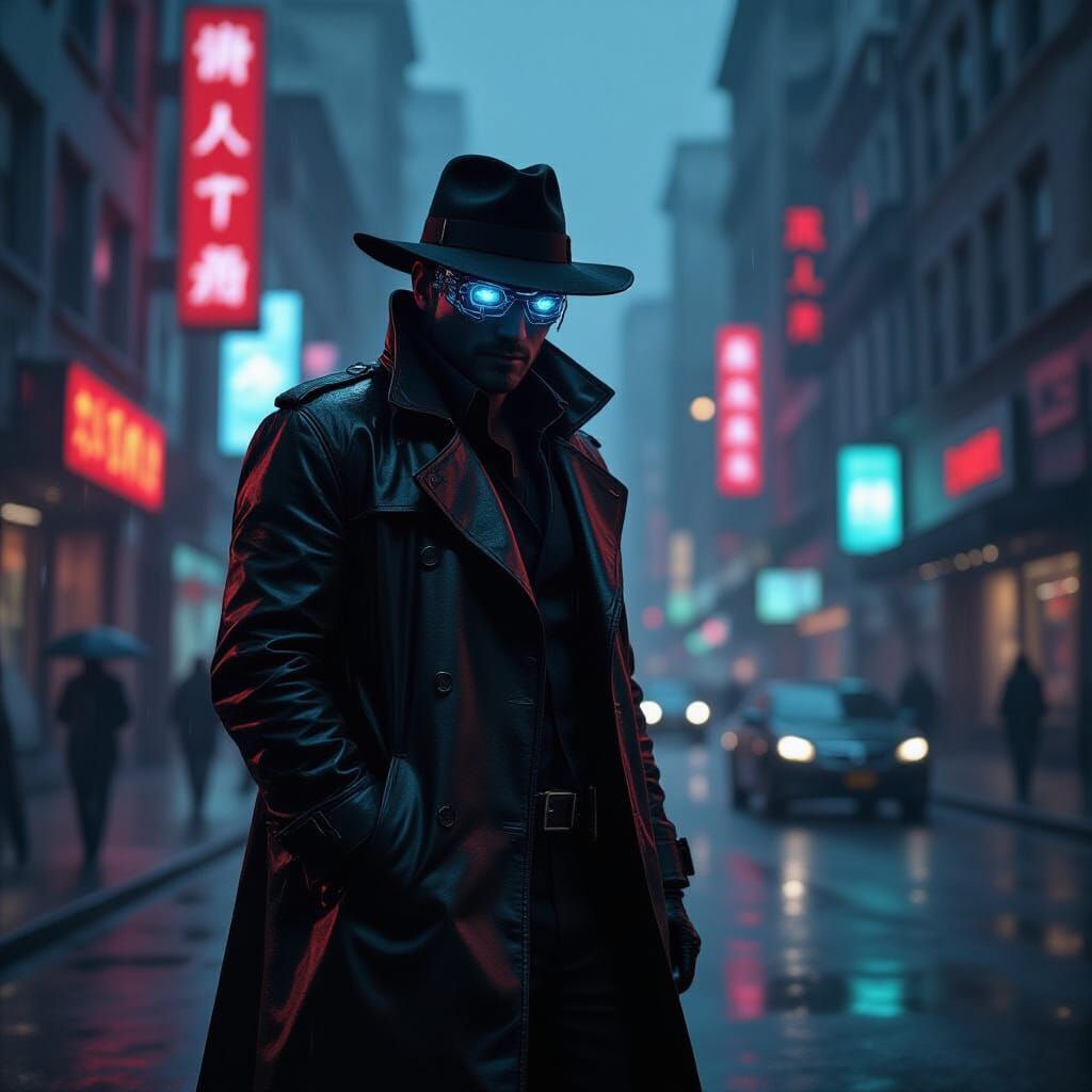 Detective's Cybernetic Visions in Noir Cyberpunk City