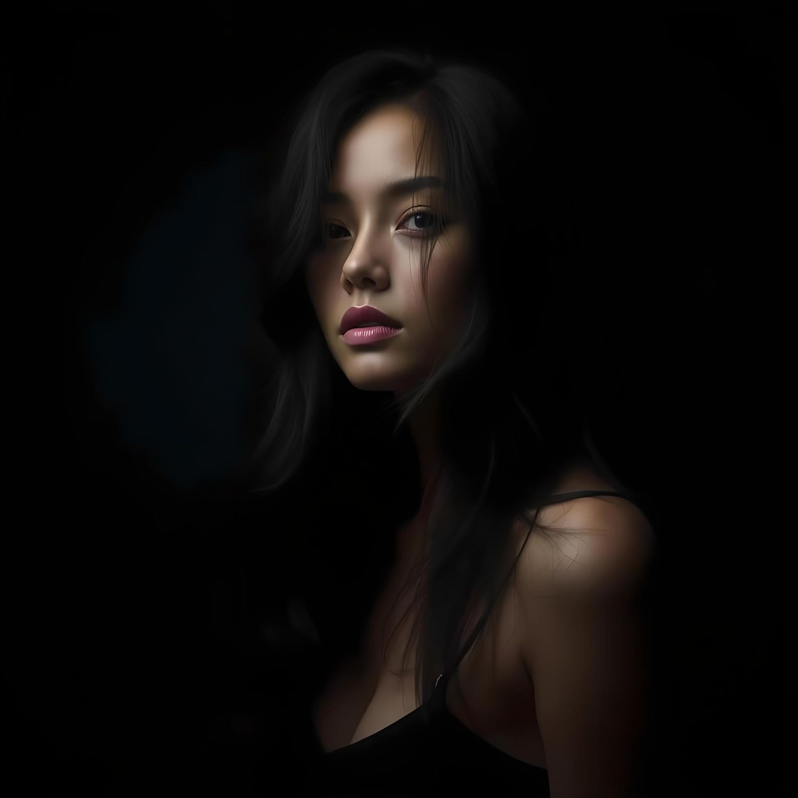 Striking Low-Key Portrait of Woman with Black Hair