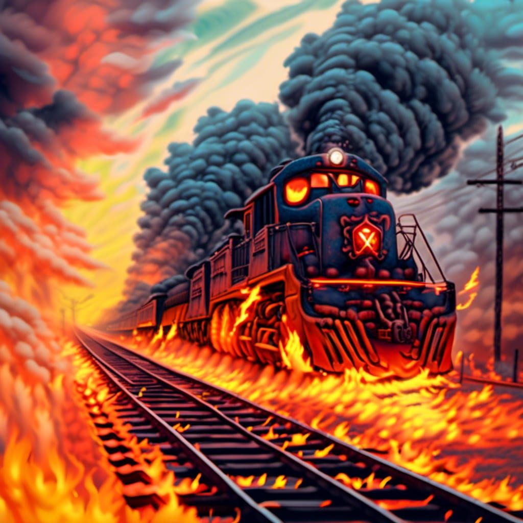 Fiery Clockpunk Train on Tracks: Detailed Digital Art