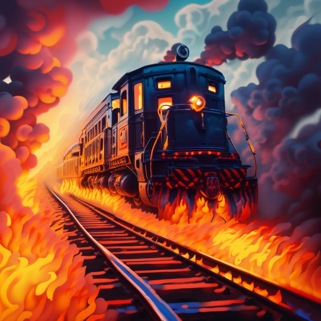 Burning Clockpunk Train on Tracks in Detailed Matte Painting