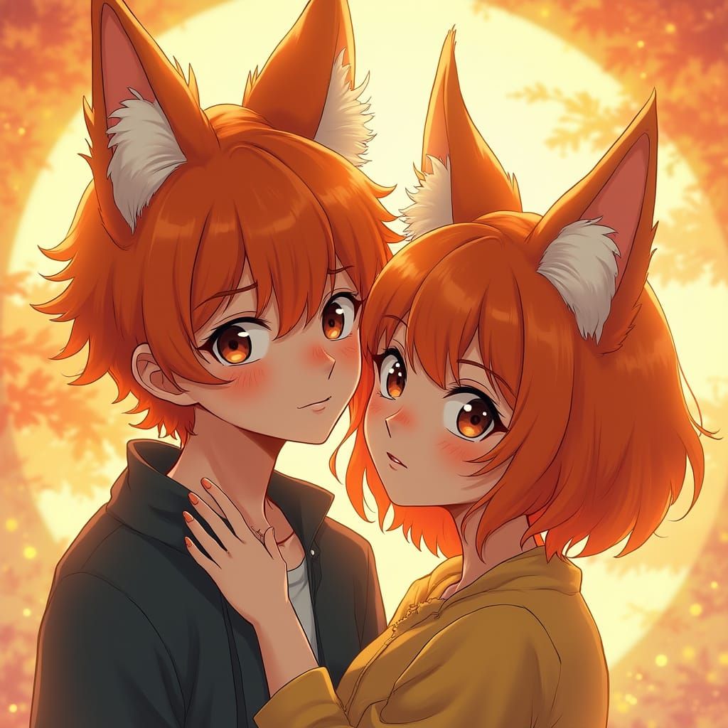 Ginger Anime Couple with Orange Fox Ears in Whimsical Sunset...