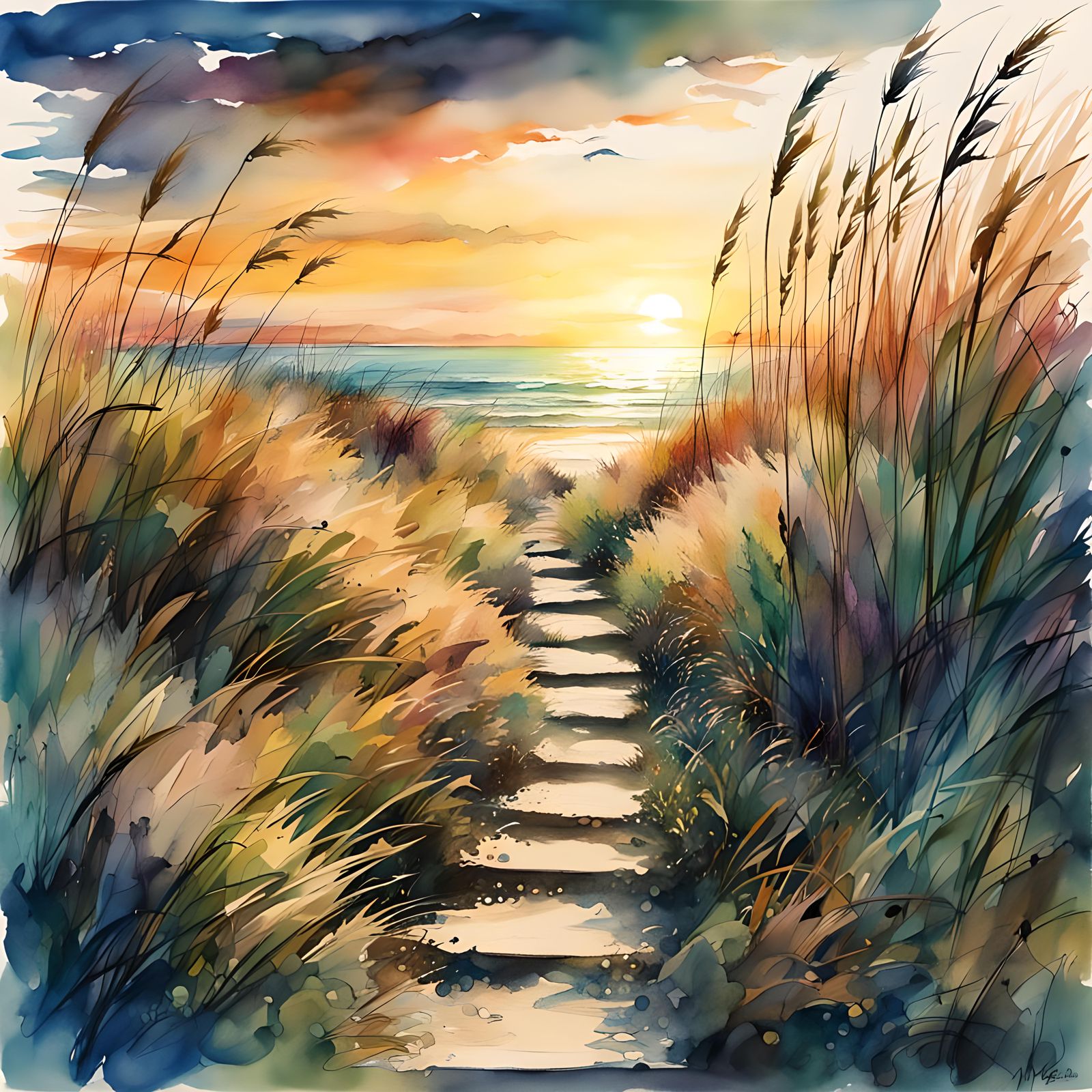 Ocean Beach Path Digital Watercolor Illustration