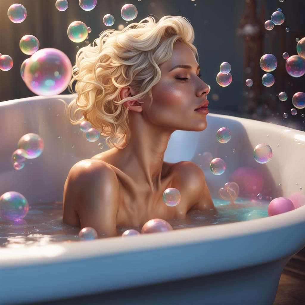 Woman Blowing Bubbles in Bathtub, Hyperdetailed Portrait