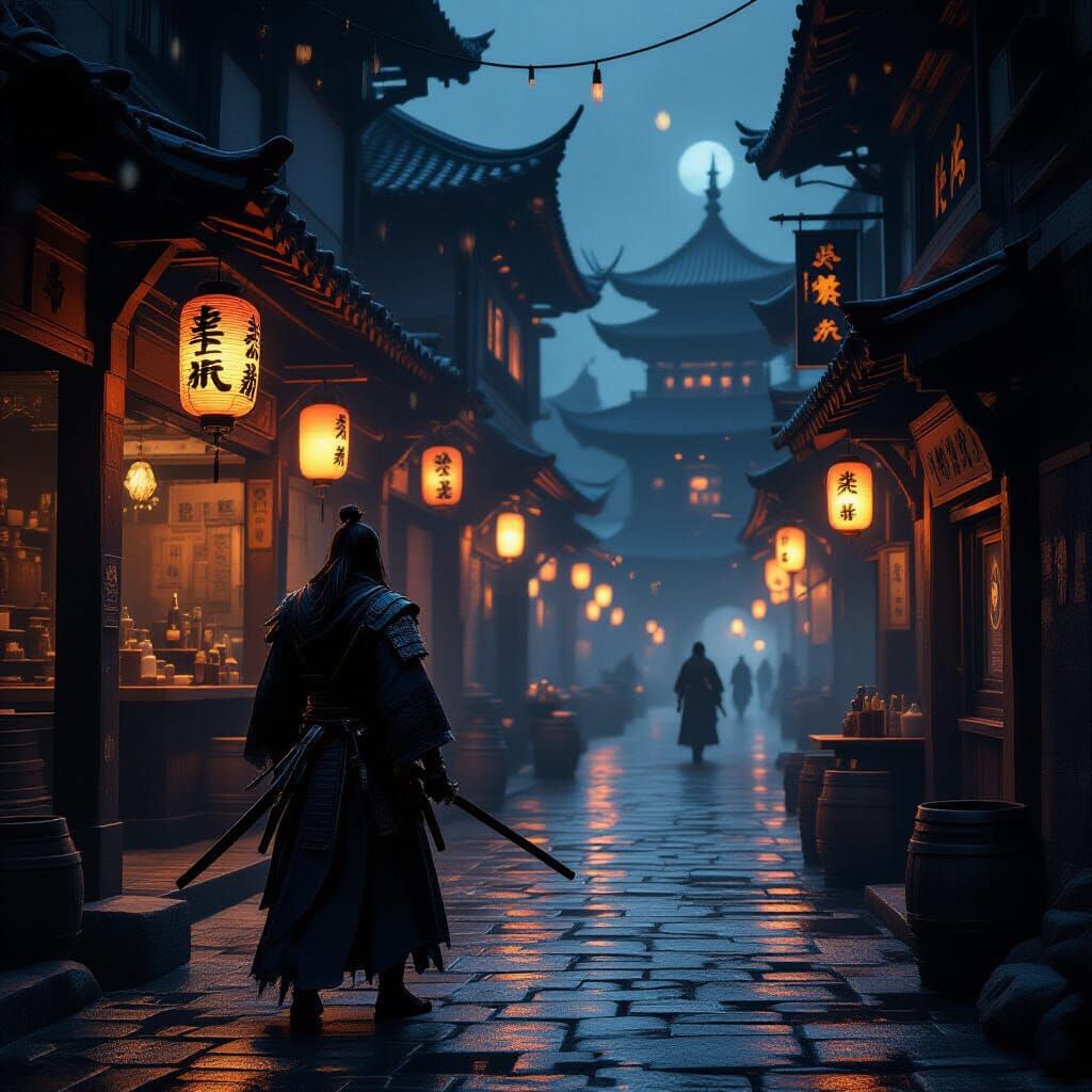 Samurai Warrior at Dark Fantasy Tavern Entrance