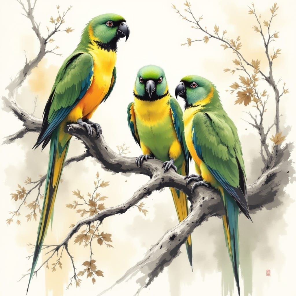 Vibrant Parrots Perched in Dreamy, Organic Landscape