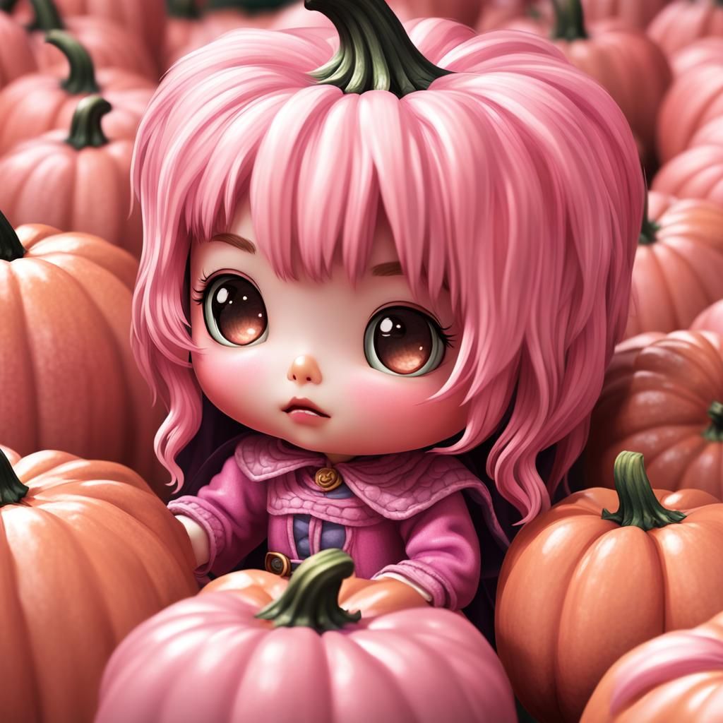 Hyperrealistic Pink Pumpkin Chibi Close-Up