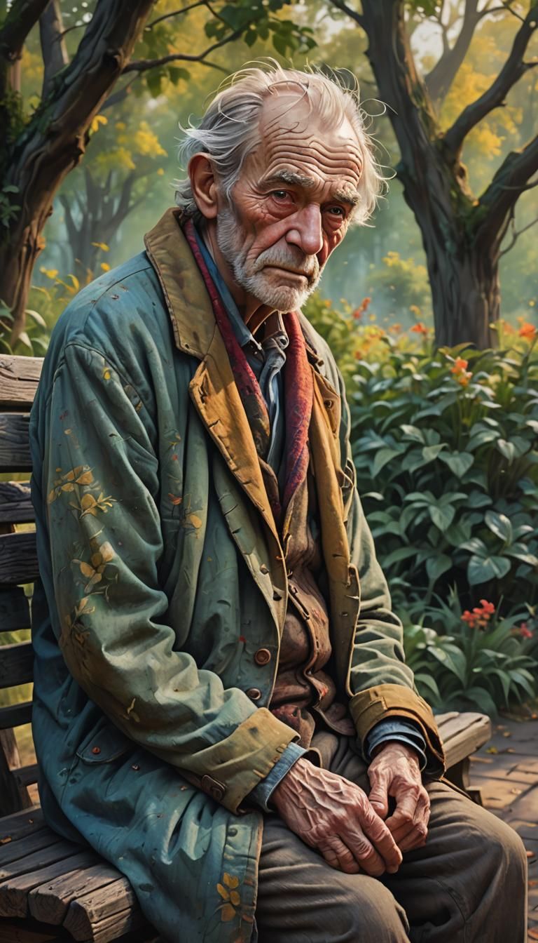 Old Man on Bench in Overgrown Garden