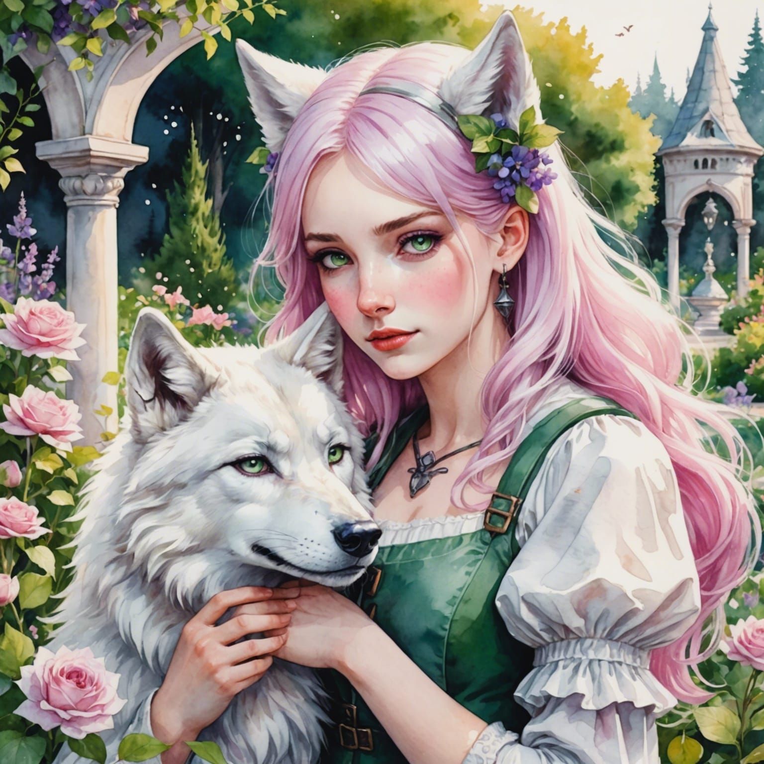 Two Women Embrace in Watercolor Garden