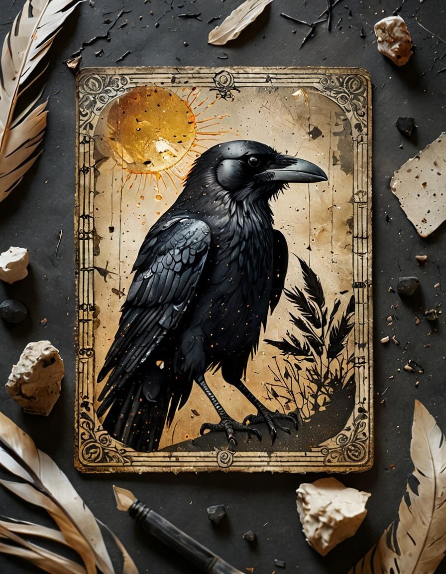 Damaged Tarot Card with Crow in Oil Painting Style