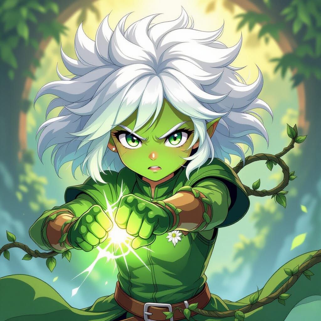 Anime Girl With Green Energy Fist in Fantasy Forest