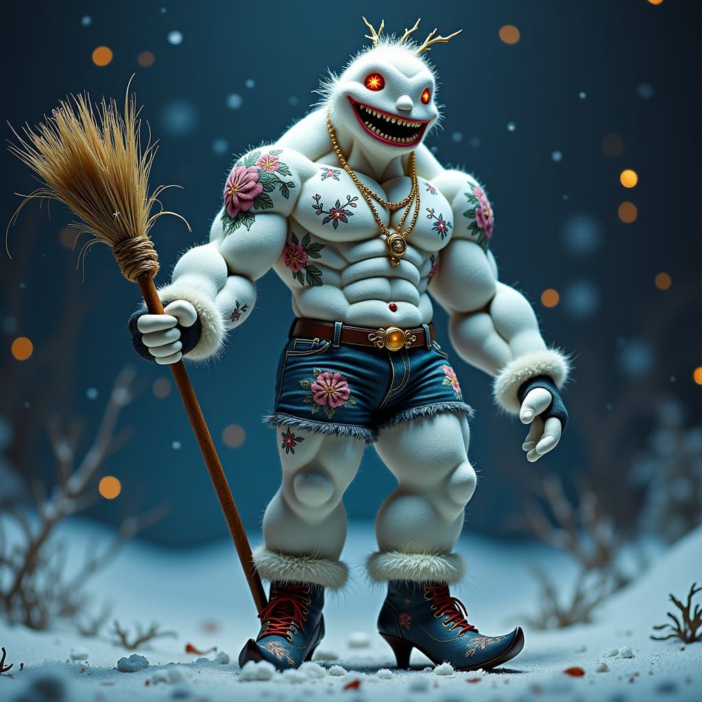 A muscular Snowman made of dark fabric wearing high heels, g...