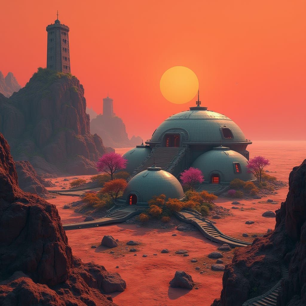 Retro-Futuristic City on Mars in Cyberpunk Style