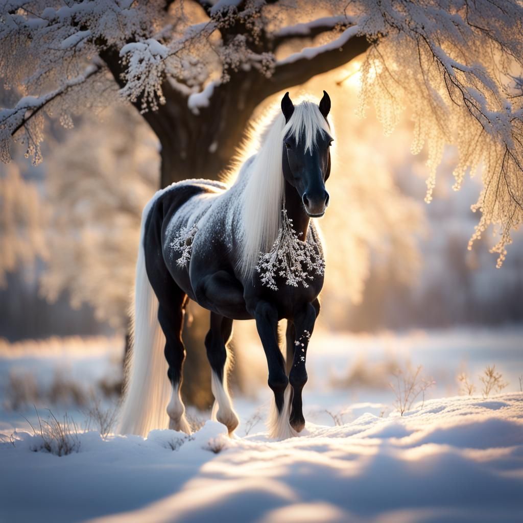 Snowy Field with Horse and Flowering Tree