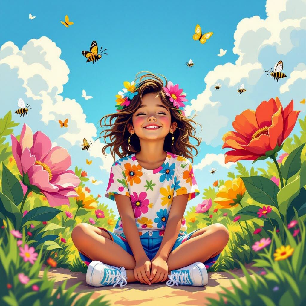 Girl in Spring Garden, Whimsical Art Style