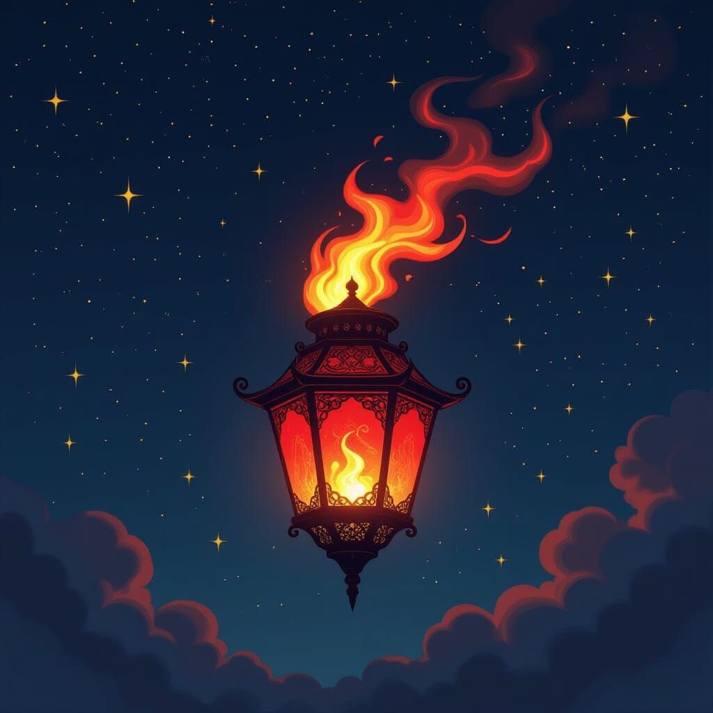 Fiery Lantern Ascends on Starry Night: Digital Art